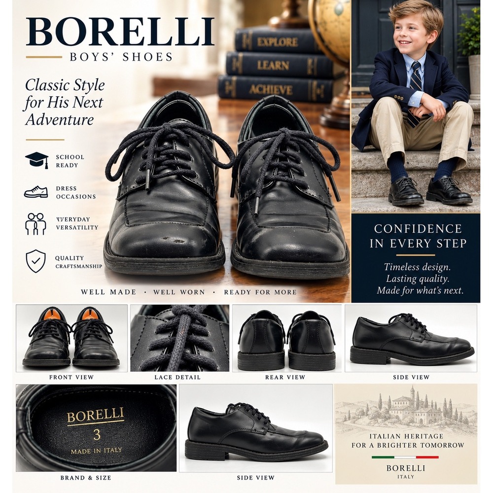 Borelli Boys Black Lace Up Dress Shoes Size 3 Made in Italy Oxfords Formal